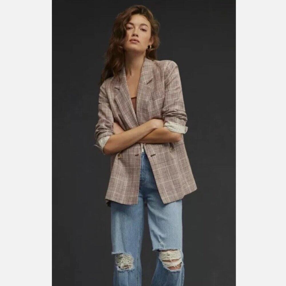 Anthropologie Maeve Plaid Cotton Linen Blend Double Breasted Blazer